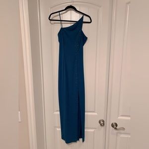 Blue prom/formal dress with intricate beads and slit